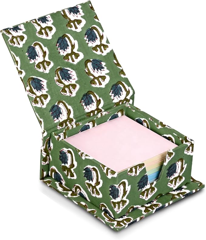 Ridhi Block Print Basil Green Sticky Note Holder Box for Desk, Aesthetic Memo Pad Organizer, Sticky Note Box Decorative Office Accessory, Stationery Gift for Teachers, Students, Professionals
