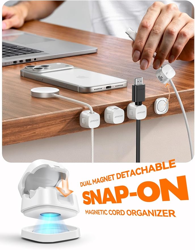 JOYROOM Detachable Magnetic Cord Organizer w/Secure Snap-Lock, 2-in-1 Adhesive& Magnetic Cable Clips, Auto-Fit Spring Management for φ1.5~8mm Cables, Under Desk Nightstand Home Office Car Wire Keeper