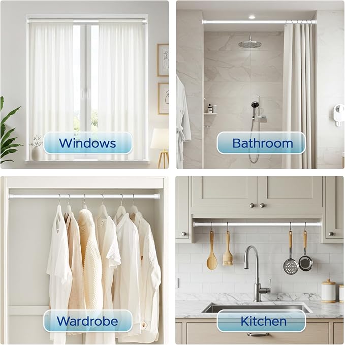 Tension Rods 28 to 72 Inch, 1" Heavy Duty Adjustable Spring Tension Curtain Rod - Non-Slip No Drill Shower Curtain Rod for Bathroom, Window, Closet & Doorway, White