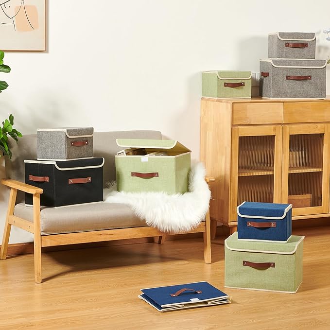 Storage Boxes with Lid Cotton Linen Fabric Storage Bins Organizer Container Decorative Collapsible Washable Shelf Baskets Faux Leather Handles for Home Bedroom Closet (Green, Large Size)