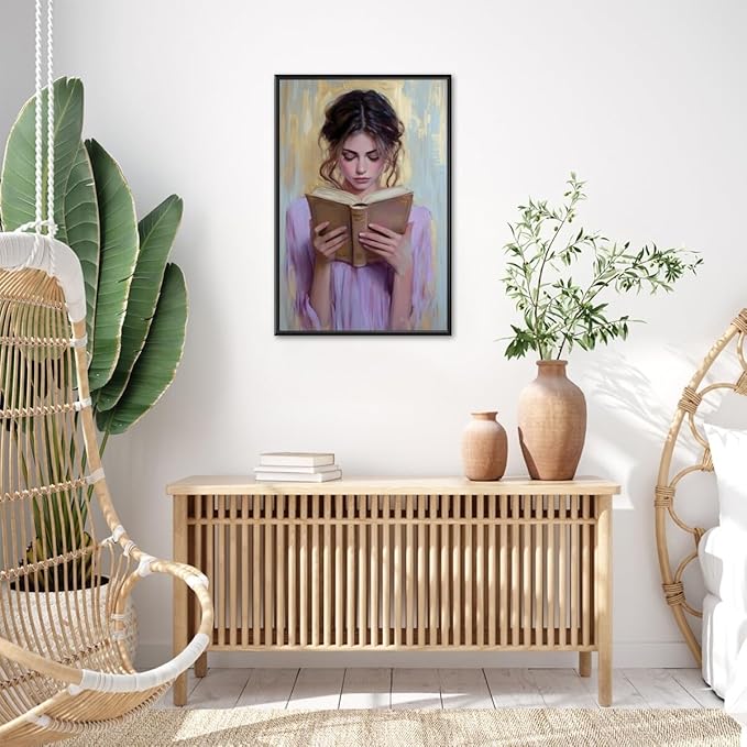 Girl Reading Book Lover Art Aesthetic Poster Canvas Wall Art Decoration Living Room Home Decor Bedroom Decoration Poster black framed16x24inch
