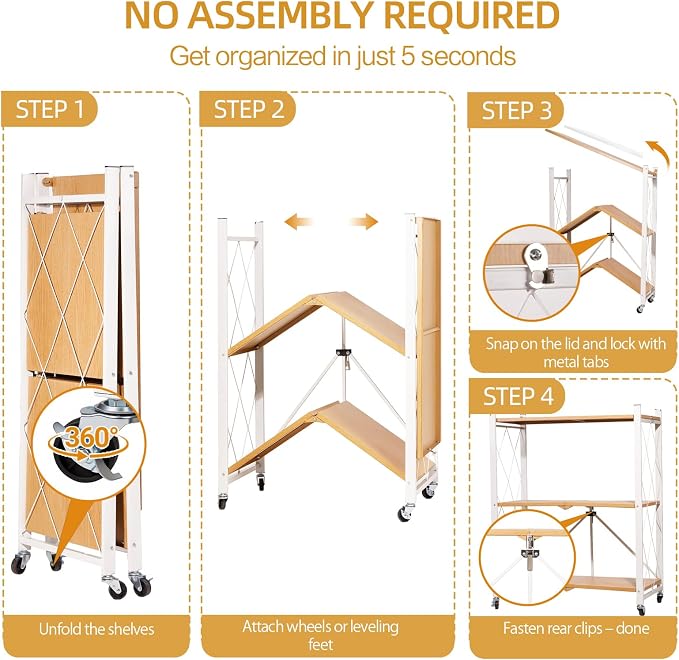 3-Tier Folding Storage Shelves with Wheels – No Assembly, Heavy Duty Collapsible Rolling Shelf Unit for Kitchen, Bedroom, Living Room
