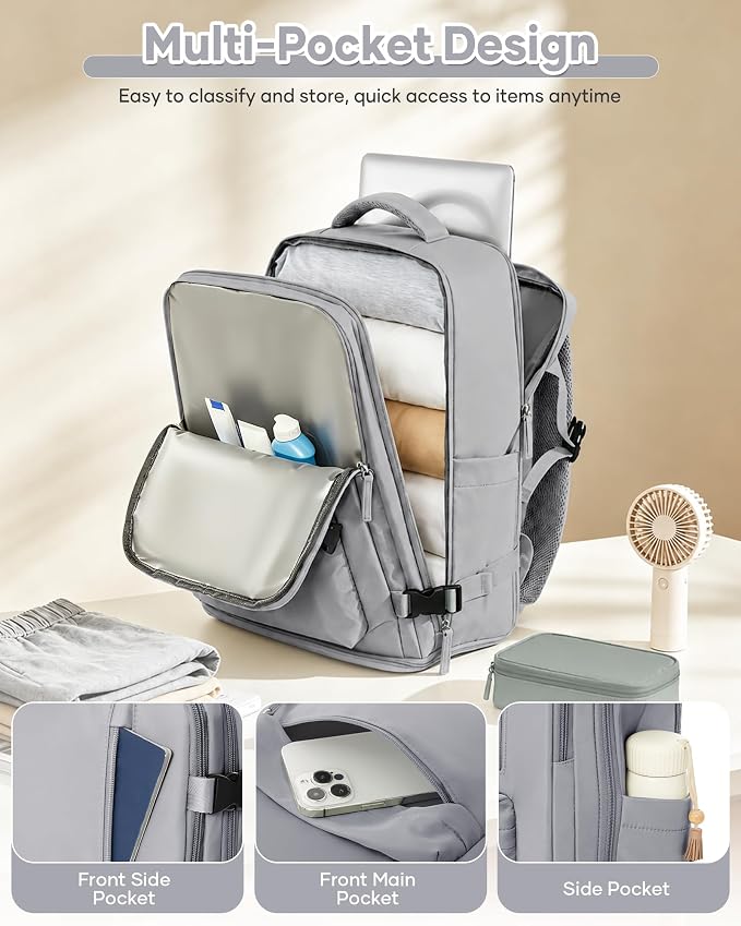 WONHOX Large Travel Backpack Women, Carry On Backpack,Hiking Backpack Waterproof Outdoor Sports Rucksack Casual Daypack with USB Charging Port Shoes Compartment, Grey