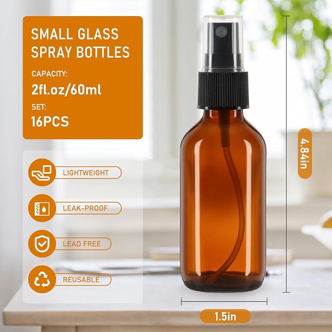 Jaisie.W 16 Pack 2oz Amber Glass Spray Bottles with Fine Mist Sprayer | Small Empty Refillable Containers for Essential Oils, Perfumes, Travel, Cleaning – Includes Labels, Droppers & Brush
