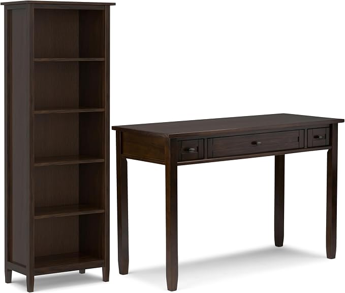 SIMPLIHOME Warm Shaker Desk and Bookcase Bundle - 48 inch Wide Solid Wood Transitional Desk with Drawers and 26 inch Wide 5-Shelf Bookcase in Brunette Brown, Home Office Furniture (Set of 2)