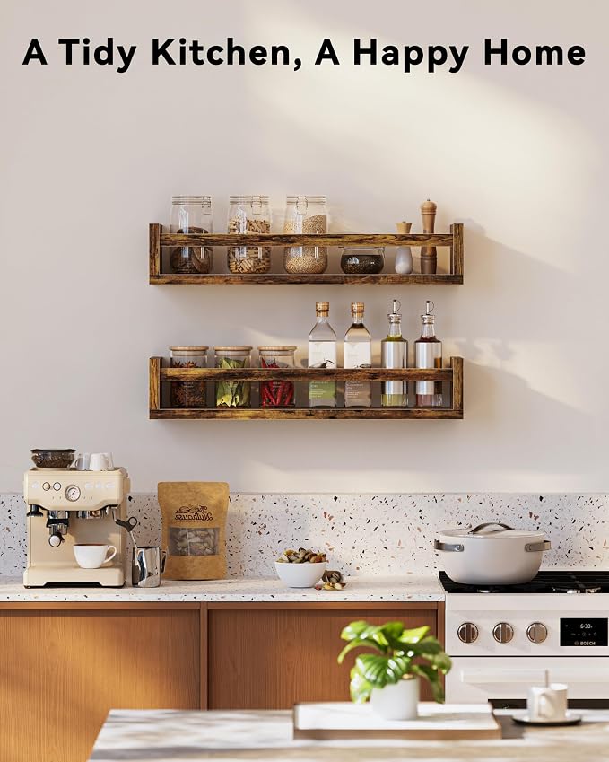 Spice Rack Wall Mount - 4-Pack Wooden Hanging Spice Rack for Wall - Rustic Wood Spice Wall Rack for Kitchen Seasoning Organization (4, Rustic Brown, 15.7 Inches)