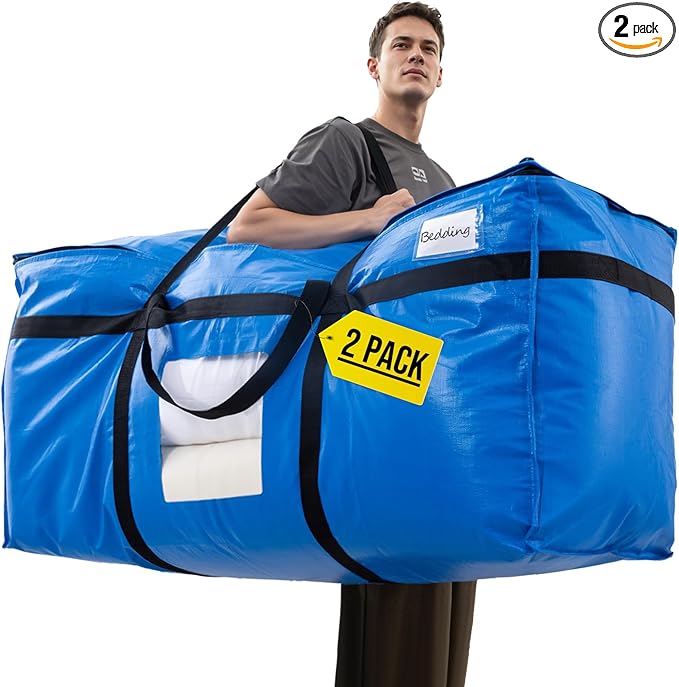 TAILI 69 Gallon Extra Large Storage Bags, XXL Blue Heavy Duty Moving Bags For Storage with Visible Window, Wrap Around Handles, Totes for Space Saving, Alternative to Moving Boxes (2 Pack)