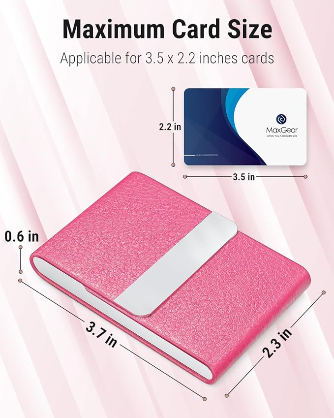 MaxGear Business Card Holder, PU Leather Business Card Case, Rose Red | Stainless Steel Interior, Magnetic Closure, RFID Blocking, Holds 15–25 Standard Business Cards