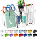 Multiuse Caddy Organizer with Handle, Portable Divided Plastic Tote Bin - Art Craft, Stationary Pen Marker Crayons, Makeup Hair Supplies Storage - Bathroom, Classroom, Dorm, Office, Desk Holder -Clear