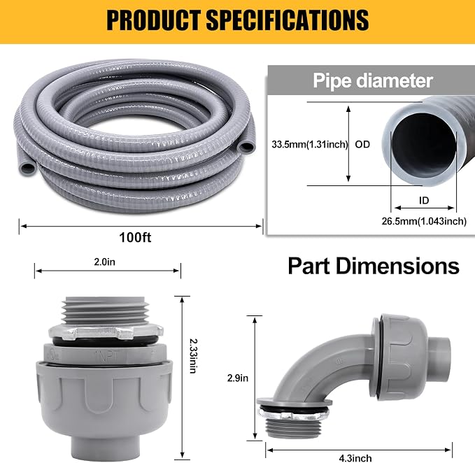 Liquid-Tight Conduit - 1inch 100 Foot Flexible Non Metallic Liquid Tight Electrical Conduit Kit, with 6 Straight and 4 Angle Fittings Included. 1" Dia