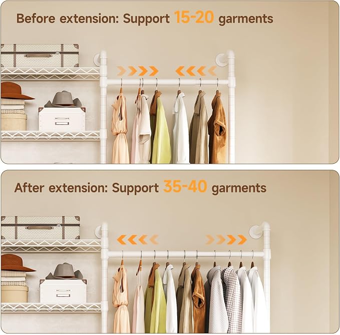 H6 Wall Mounted Closet System, Industrial Pipe Clothes Rack Clothing Racks with 6 Telescopic Rods & 3 Fixing Rods & 9 Shelves, Heavy Duty Closet Organizers and Storage in Wardrobe Closet (White)