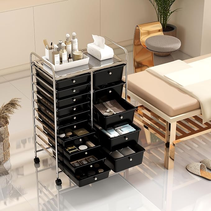DREAMADE 15-Drawer Rolling Storage Cart, Mobile Craft Cart, Black | Utility Organizer with Lockable Wheels, Removable Plastic Drawers and Metal Frame for Home Office, Classroom and Studio