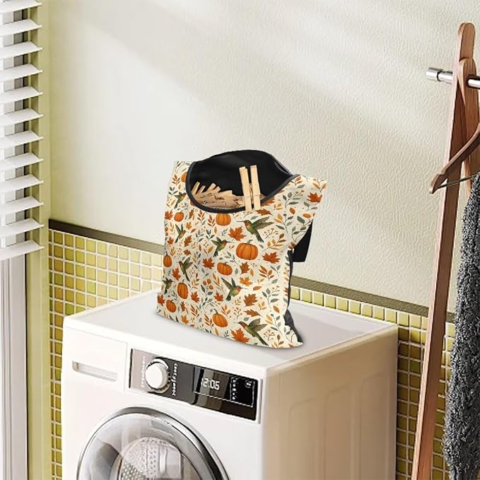 Hummingbird Pumkpin Clothespin Bag with Hanging Rope 14.5 x 12 Inch Summer Waterproof Laundry Clothes Pin Holder Clothespin Storage Organizer with Large Opening