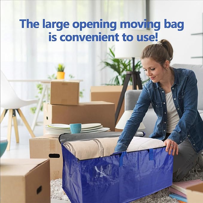 12 Pack Waterproof Moving Bags with Strong Zippers and Reinforced Handles, Real 100lb Capacity Extra Heavy Duty Large Storage Totes for Packing & Moving Storing, Alternative to Moving Boxes -95L,Blue