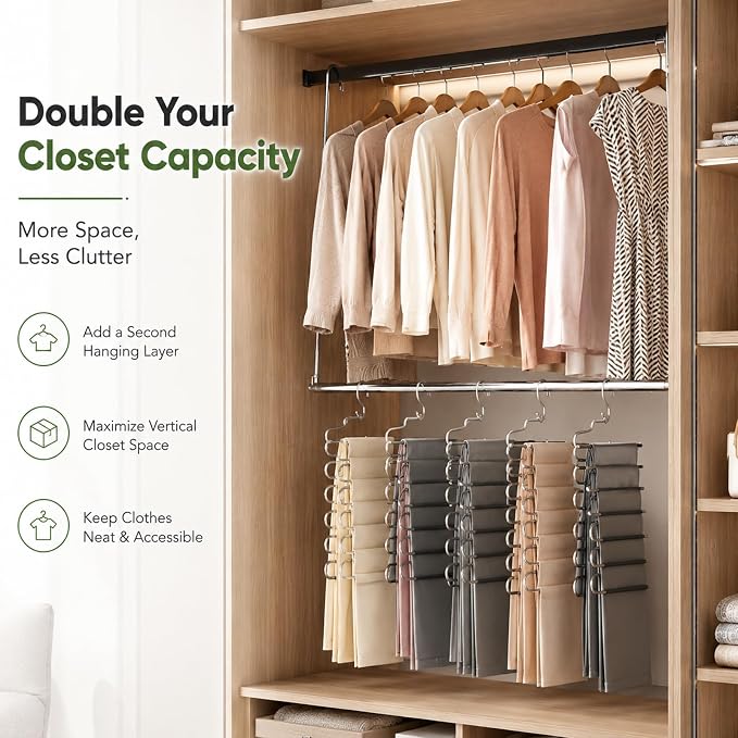 2 Pack Hanging Closet Rod Stainless Steel, Adjustable Width & Height 16–27.5 in Closet Rod Extender with 360° Rotating Hooks, Space-Saving Closet Hanging Organizer for Clothes, Pants, Skirts, Towels