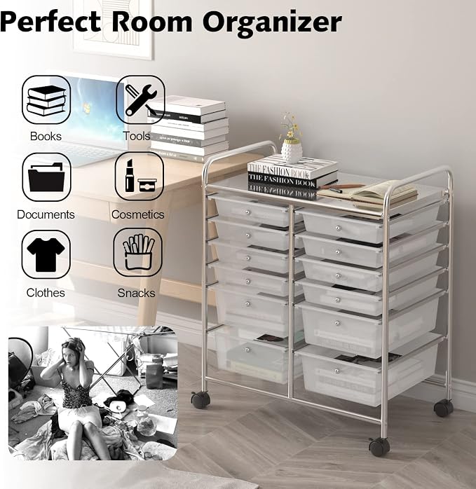 DREAMADE Rolling Cart with Storage Drawers, Utility Cart with Removable Plastic Drawers, Lockable Wheels, Art Cart for Classroom Organization Art Supplies Office Scrapbook (12 Drawers, Transparent)