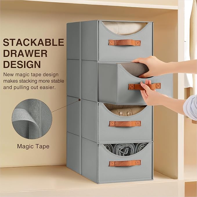 Homsorout Stackable Storage Drawers - Collapsible Storage Bins with Drawers, 6 Pack Closet Shelf Organizer Basket, Fabric Pull Out Organizer for Bedroom, Living Room, Dorm, Grey