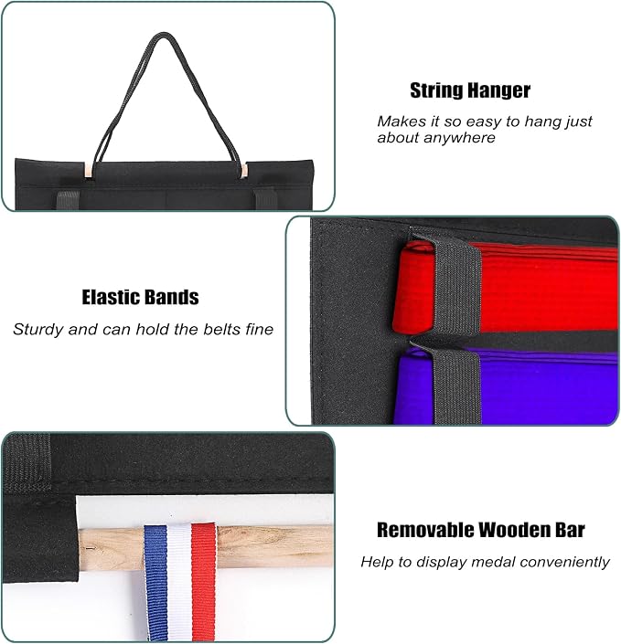 JUXYES Wall Hanging Martial Arts Belts Organizer, Portable Karate Belt Display Holder with Medals Hanging Stick, Lightweight Hanging Taekwondo Belt Display Holder for Martial Arts Learner