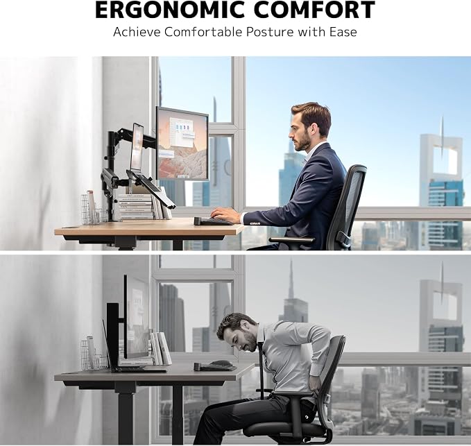PUTORSEN Laptop Arm Mount for 17-35'' Monitors & 12-18'' Notebook | 19.8lbs per Arm, Laptop Monitor Mount with Adjustable Laptop Tray, C-clamp or Grommet Mount,VESA 75/100mm