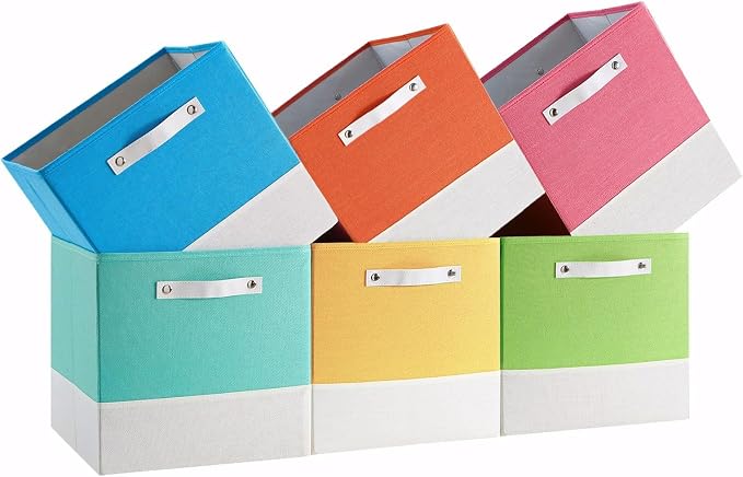 Cube Storage Bins | 10.5"x10.5"x11", Macaron & White, 6 Pack | Multi-Size | 2X Thick Support Board | Vegan Leather Handles | 7.7 oz/yd² Fabric | 11"x11" Drawer Insert Basket
