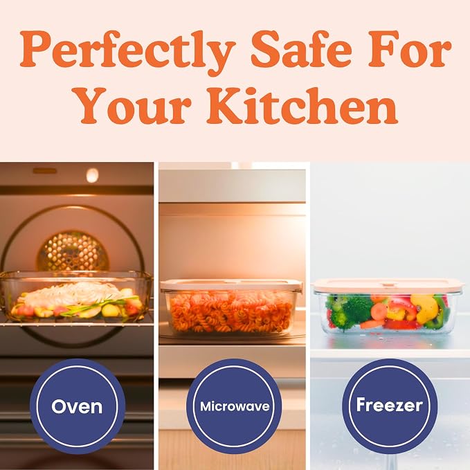Non-Toxic Glass Food Containers with Lids, 4-Pack, 21 oz, Airtight, Beige | Plastic & BPA free. Glass body, glass lid & platinum silicone seal. Airtight & leakproof. Freezer & microwave safe.