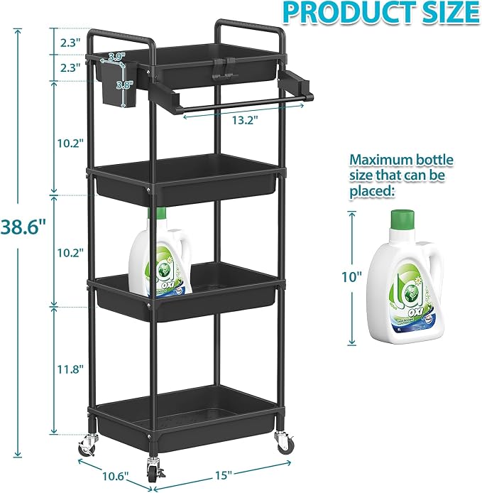 SPACEKEEPER Rolling Storage Cart, 4-Tier Bathroom Organizer Utility Cart Laundry Room Organization Mobile Shelving Unit with Towel Rack, Lockable Wheel, Hooks & Cup for Kitchen Bedroom Office, Black