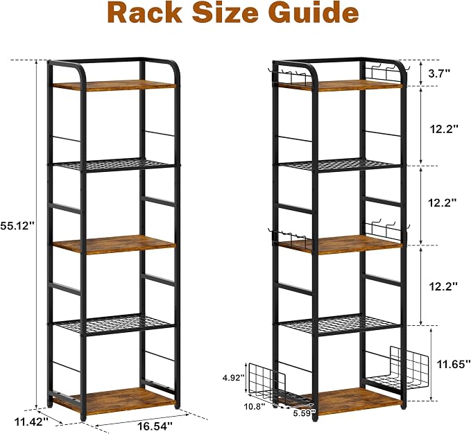 Tall 5-Tier Purse Organizer for Closet, Purse Rack Stand for Purse Storage, Metal & Wood Handbag Organizer with 4 Side Hooks and 2 Baskets, Space-Saving Narrow Purse Shelf for Small Space, Bedroom