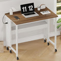 CHOEZON Folding Desk with Power Outlets, 31.5" Rolling Computer Table with Wheels, Portable Office Desk with Storage Shelf for Small Spaces Rustic Brown and White TDN01UWL