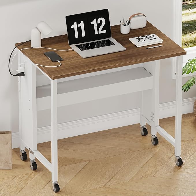 CHOEZON Folding Desk with Power Outlets, 31.5" Rolling Computer Table with Wheels, Portable Office Desk with Storage Shelf for Small Spaces Rustic Brown and White TDN01UWL