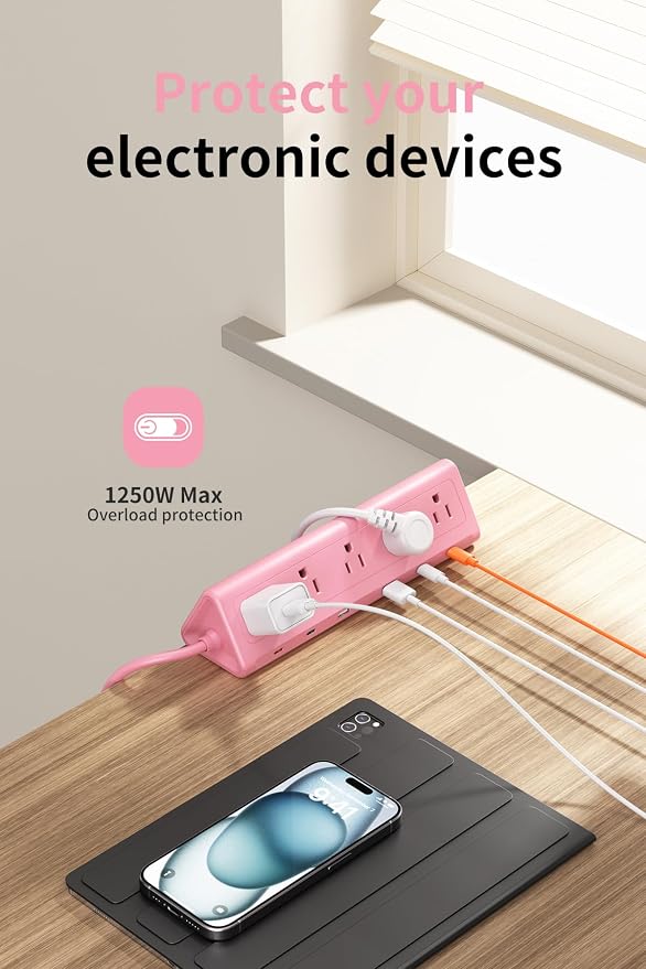 6.5 FT Desk Clamp Power Strip with 5 AC Outlets & 6 USB Ports PD 40W USB-C Fast Charging, Extension Cord with Multiple Outlets, Fits 2.1 in top Edge Pink