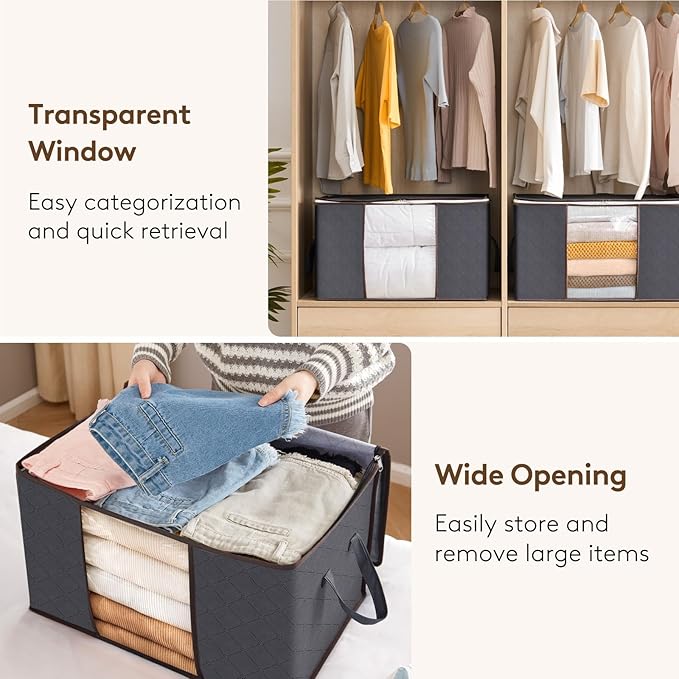 Lifewit 10 Pack 90L Clothes Storage Bins with Lids, Foldable Blanket Storage Bags with Zippers, Clear Window and Reinforced Handles, Closet and Organization for Clothing, Sweater, Comforter, Bedding