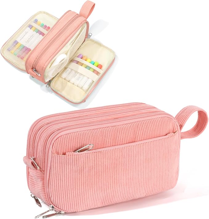 BuyCard Pink Corduroy Pencil Case, Large Capacity, Casual Style, Zipper Pouch Organizer for Teen Girls, Cute Stationery Storage and Organizer, Supplies for Teen and Adult Girls