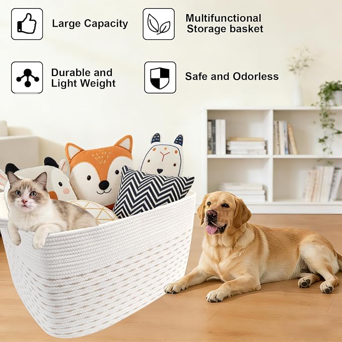 65L Collapsible Woven Rope Laundry Basket with Handles, Yellow | 21x16x12 Foldable Rectangular Blanket Basket for Toys, Clothes & Pillows,Ideal for Nursery, Bathroom, Bedroom, Living Room