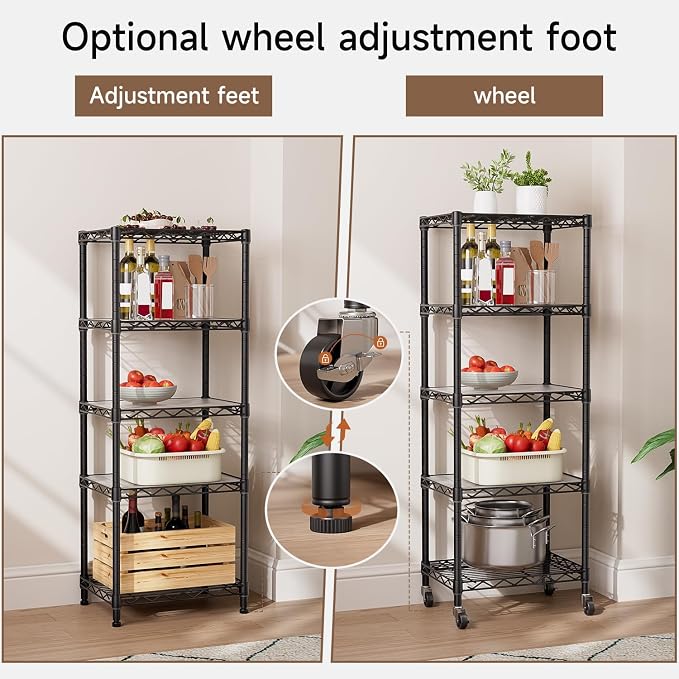 Golpart Small Shelves Storage Wire Metal Adjustable Shelf Unit with Wheels | 5 tier Shelving Organizers Storage Shelving for Bathroom Laundry Room Kitchen Pantry 11.7”D x 17.7”W x 57.2”H Black