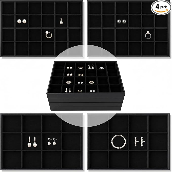 Unittype Set of 4 Stackable Jewelry Organizer Tray for Drawer Inserts Velvet Necklace Earring Bracelet Ring Holder Jewelry Display Storage Box for Bangle Stud Necklace Ring(24+12 Grid,Black)