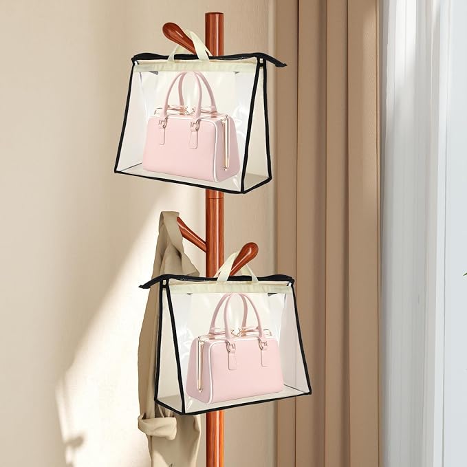 5 PCS Hanging Handbag Storage Organizer Non-Woven Transparent Dust-proof Homewares Purse Wallet Closet Storage Bag with Zipper and Handle (XL) ﻿