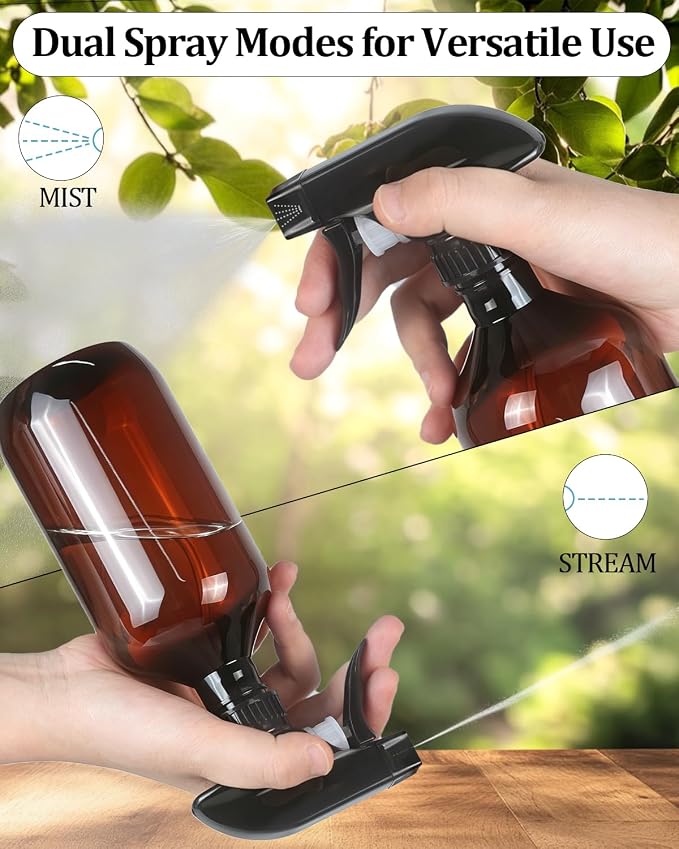 2 Pack 360° Spray Bottles, 16 oz Plastic Small Containers with Adjustable Spray Nozzles, Spray Bottles for Hair, Cleaning Solutions, BBQ and Plants Amber