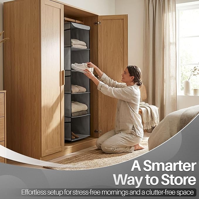 Flexzion 5-Shelf Fabric Hanging Closet Organizer, 11.9-Inch Wide, Brown | Shelves for Dorms with 6 Side Mesh Pockets and 2 Metal Hooks; Open Storage for Clothes, Towels, and Accessories