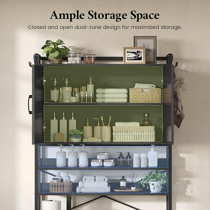 Over the Toilet Storage Cabinet with Doors, 2 Large Drawers & 6 Hooks, Over the Toilet Organizer with Toilet Paper Holder, Over the Toilet Storage for Bathroom, Laundry Room, Black