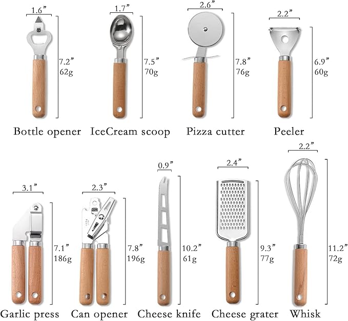 9pcs Kitchen Gadget Set with Wooden Handle, Stainless Steel Cooking Tools Kitchen Accessories Pizza Cutter, Egg Whisk, Vegetable Peeler, Can Opener, Garlic Press
