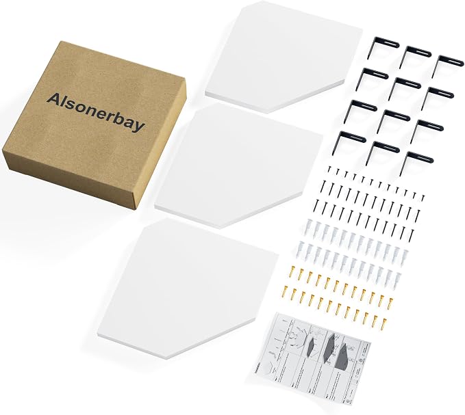 Alsonerbay Pine Wood Corner Shelves with Cable Cutout 3-Pack, White | Diamond-shaped, cable management, 40 lbs/shelf, 0.79" thick pine, L-shaped metal brackets, for router & media devices