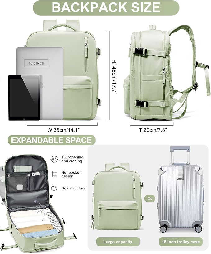 Travel Backpack Women,Carry On Backpack Flight Approved 18x14x8 inches Bag Spirit Airlines Personal ltem,College Sports Hiking Rucksack Waterproof Outdoor Casual Daypack Laptop Blackpack,MintGreen