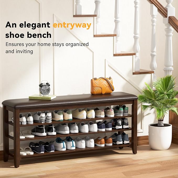 Taitiy Entryway Shoe Storage Bench, Shoe Organizer Bench for Entryway, Ideal for Hallways Front Doors Entrances Mudrooms Featuring Rubberwood and 3 Height-Adjustable and Removable Shelve