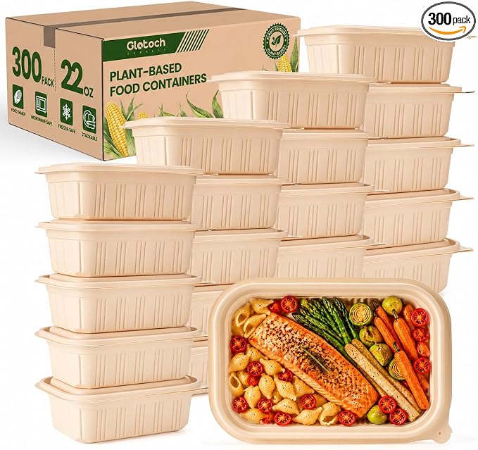 Glotoch Express 300 Pack 22oz Food Containers with Lids Meal Prep Containers Reusable Plant-based Cornstarch Lunch Box BPA Free Small Take Out Box for Salad Microwave & Freezer Safe