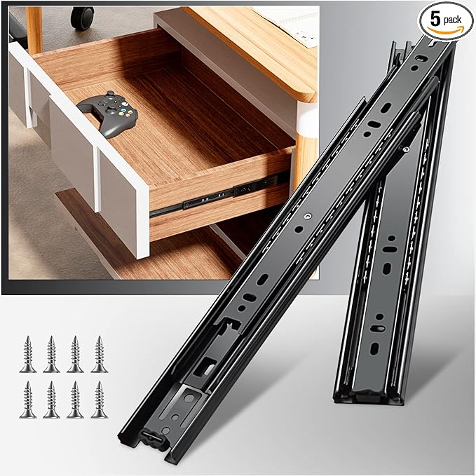 YENUO 5 Pairs 3-Fold Full Extension Drawer Slides Ball Bearing 10–24 Inch | Cabinet Drawer Glides Heavy Duty 100LB Smooth Quiet Rails Easy to Install 10–24 Inch for Kitchen Dresser Furniture Hardware