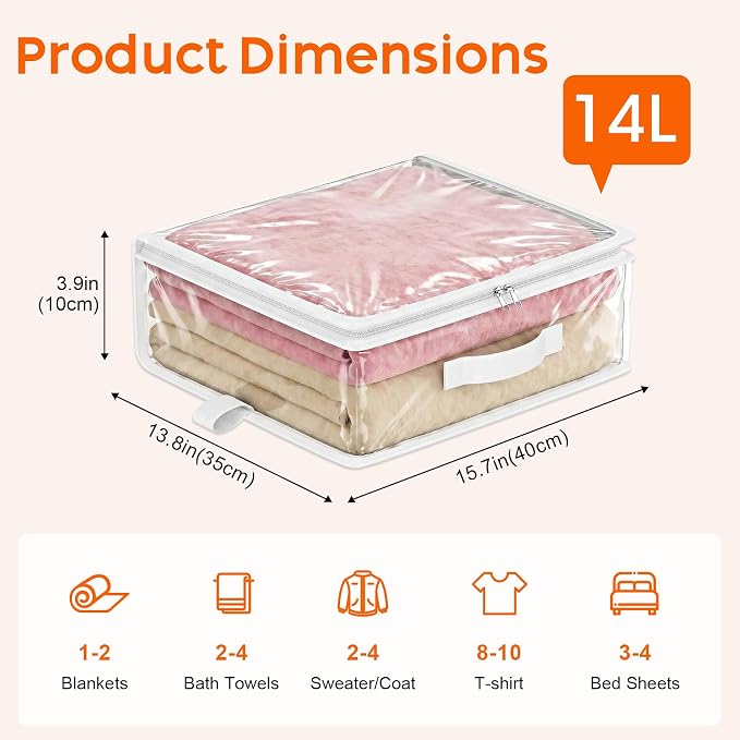 5 Pack Clear Storage Bags with Zipper Handles, Sheet Organizers and Storage | PVC Blanket Storage Bags, Foldable Under Bed Organizer for Baby Clothes Shoes Sweater Toy Bedding Sheet, 15.7x13.8x3.9’’