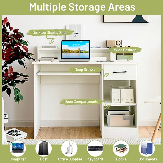 Tangkula White Computer Desk with Keyboard Tray & Drawer, Modern Wooden Study Writing Desk with Storage Shelves & Hutch for Home Office or Kids' Bedroom