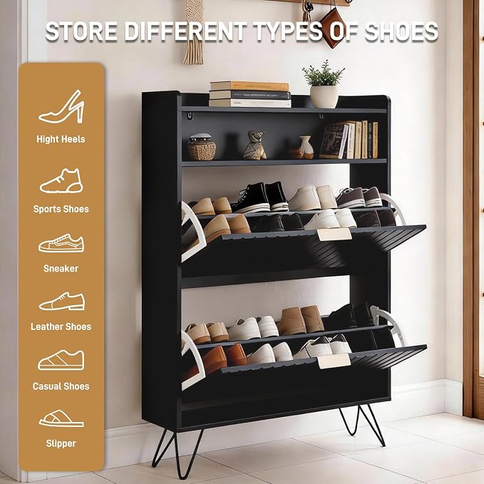 Karl home Black Slim Shoe Storage Cabinet, Entryway Shoe Organizer | Space-Saving Freestanding Shoe Rack Organizer, Versatile Storage Furniture Suitable for Entryway and Living Room
