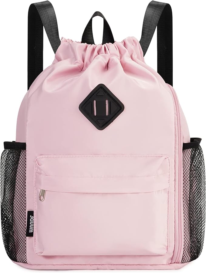 WANDF Drawstring Backpack with Shoe Compartment, Sports Gym Bag | Multi-Pocket Storage, Water-Resistant Fabric, Cinch String Bag
