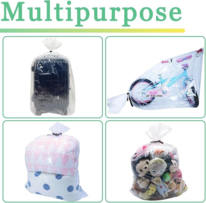 8 Pcs 45x65 inches Extra Large Clear Plastic Bags Perfect for Car Seat, Luggage, Suitcase, Stroller, Chair, Kids Bike and Furniture Storage (2 Mil Flat Bags, Include 8 Ties)